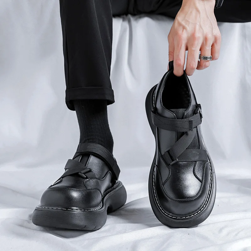Мужская кожаная повседневная обувь Модный Бандажный дизайн, мужские Оксфорды на платформе, Лоферы-слипоны с толстой подошвой, Уличная одежда в стиле панк Изображение 0