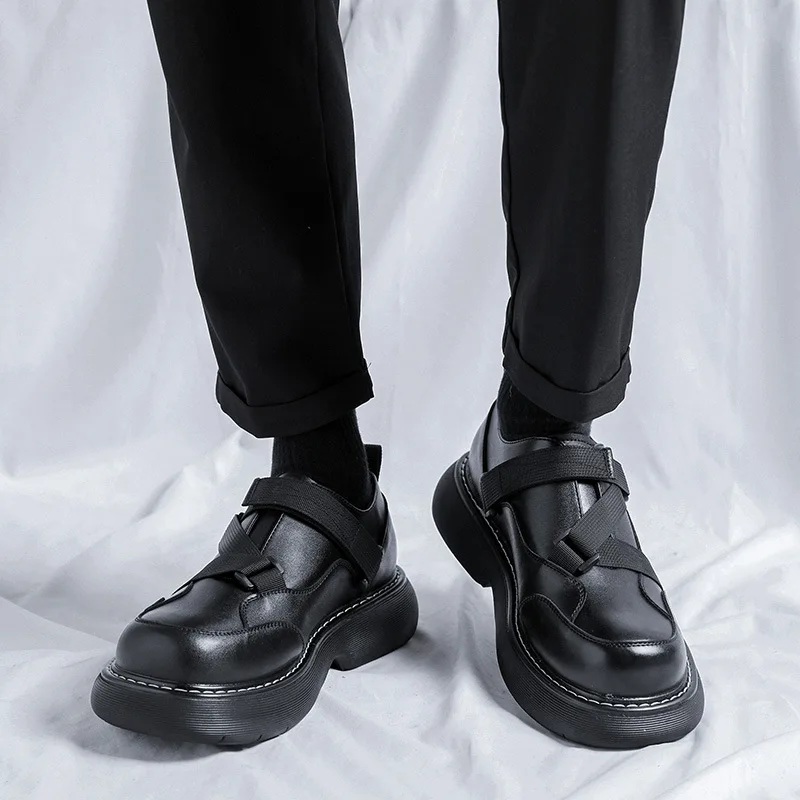 Мужская кожаная повседневная обувь Модный Бандажный дизайн, мужские Оксфорды на платформе, Лоферы-слипоны с толстой подошвой, Уличная одежда в стиле панк Изображение 2