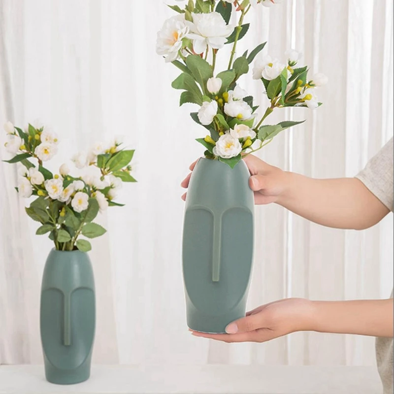 Новая 2X Абстрактная ваза в скандинавском минималистичном стиле из полиэтилена С человеческим лицом, Декоративная ваза в форме головы в виде фигуры для креативной витрины-Зеленый Изображение 4