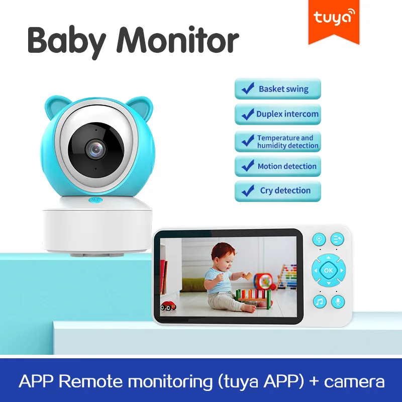 Новая Tuya wifi 5-дюймовая камера для видеоняни и радионяни с HD-камерой мощностью 200 Вт, приложение для удаленного мониторинга с батареей 3000 мАч, IPC-камера ночного видения Изображение 2