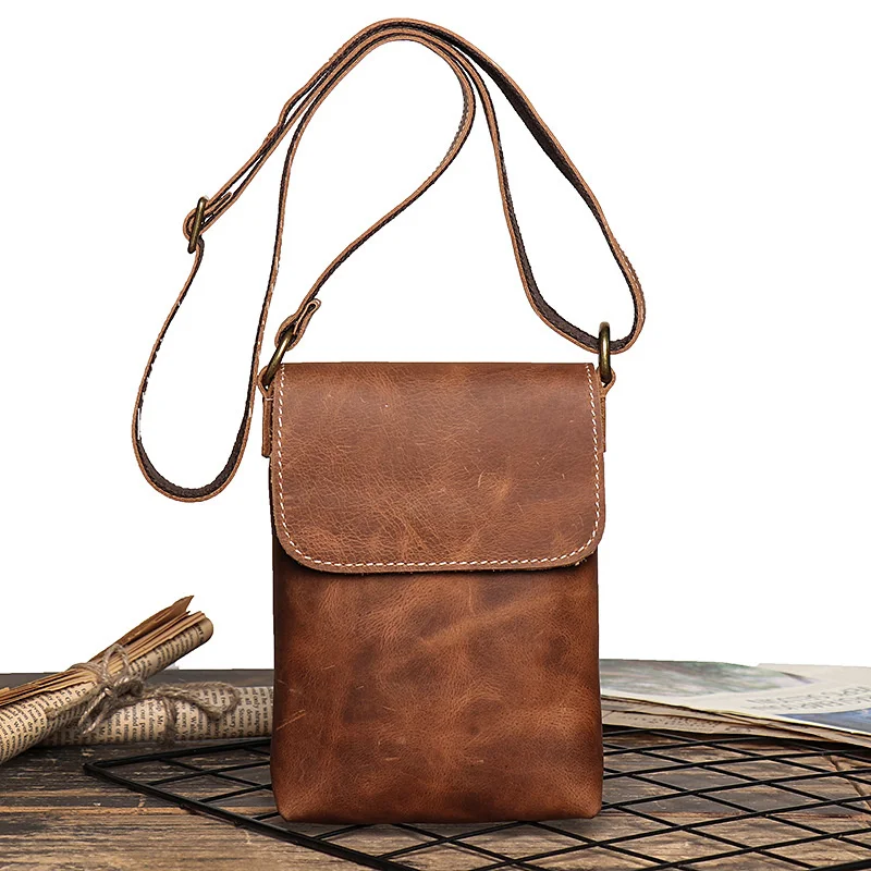 Новая мужская кожаная сумка через плечо, женская кожаная сумка Crazy Horse, маленький рюкзак, модная простая сумка для мобильного телефона Изображение 0