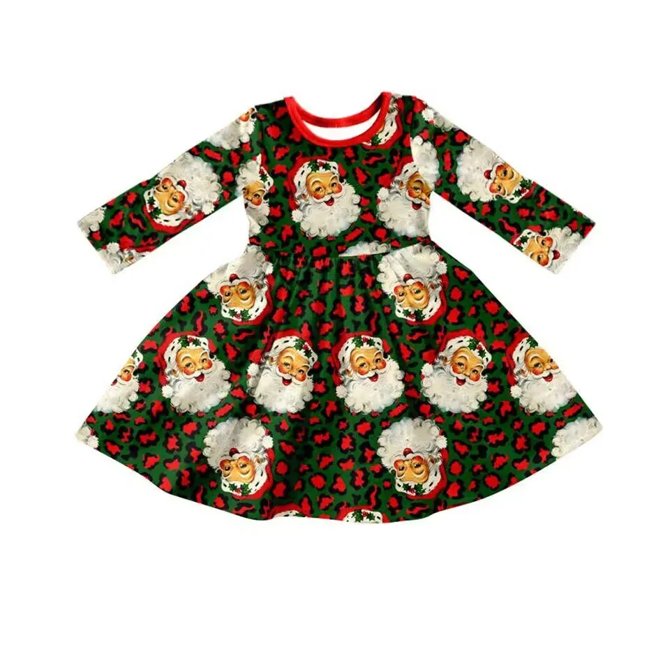 Новейший дизайн, платье для девочки с Санта-Клаусом, круглый вырез, длинный рукав, плиссированная юбка по низу, Зеленая ткань, одежда с принтом Санта-Клауса Изображение 0