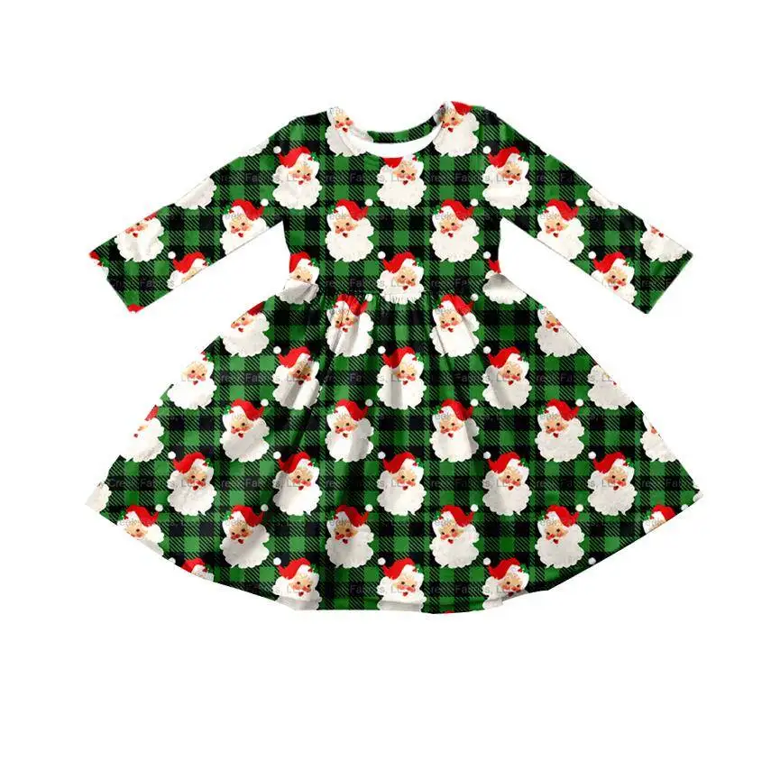 Новейший дизайн, платье для девочки с Санта-Клаусом, круглый вырез, длинный рукав, плиссированная юбка по низу, Зеленая ткань, одежда с принтом Санта-Клауса Изображение 3