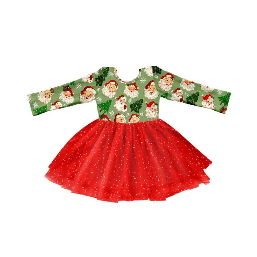 Новейший дизайн, платье для девочки с Санта-Клаусом, круглый вырез, длинный рукав, плиссированная юбка по низу, Зеленая ткань, одежда с принтом Санта-Клауса Изображение 5