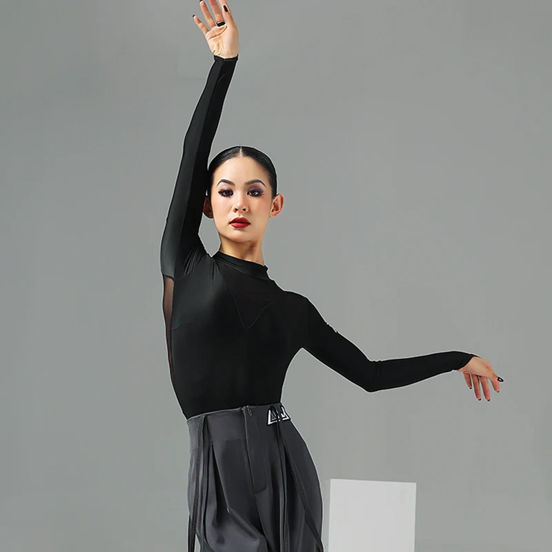Одежда для занятий латиноамериканскими танцами Черная рубашка с длинным рукавом Танцевальная одежда для Самбы Румбы Костюм для выступления Чачи Одежда для взрослых Женщин для танцев YS4713 Изображение 4