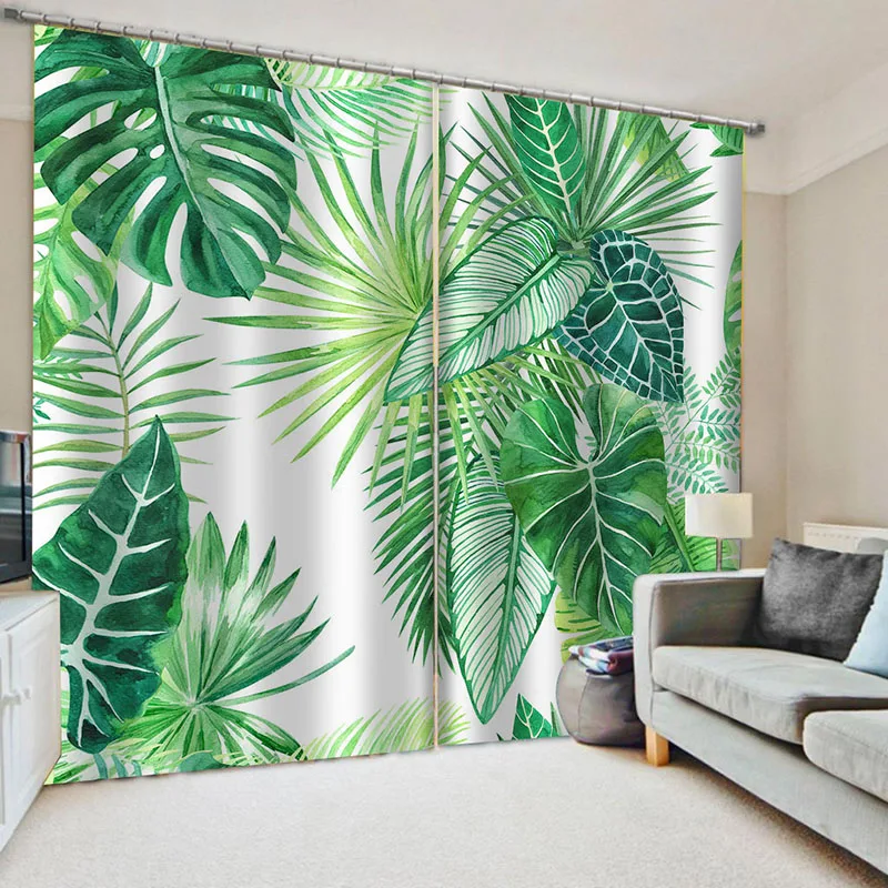 Оформление окон в скандинавском тропическом стиле с банановыми листьями, шторы для гостиной, Тканевые занавески из пальм и папоротника Изображение 3