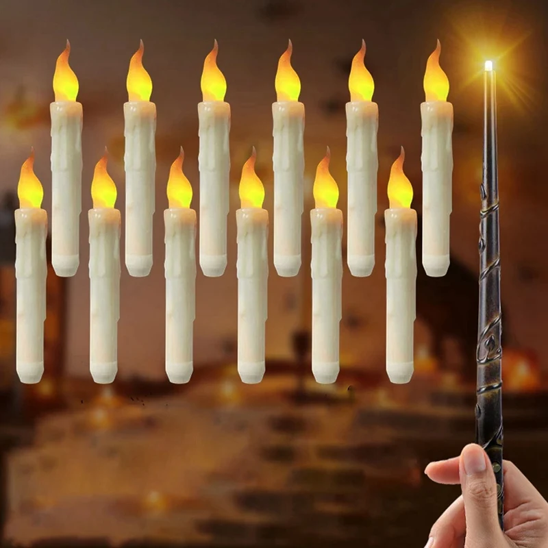 Плавающие свечи из 12 предметов с волшебной палочкой, светодиодные беспламенные свечи, конические свечи для рождественской вечеринки Изображение 0
