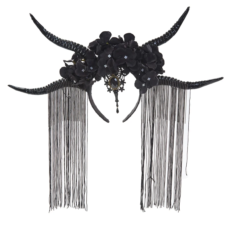Повязка на голову из рога антилопы в готическом стиле в стиле ретро, Кисточки для косплея на Хэллоуин, цветы, праздничная лента для волос, костюм, аксессуары для волос Изображение 0