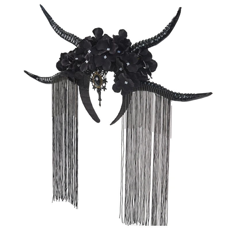 Повязка на голову из рога антилопы в готическом стиле в стиле ретро, Кисточки для косплея на Хэллоуин, цветы, праздничная лента для волос, костюм, аксессуары для волос Изображение 1