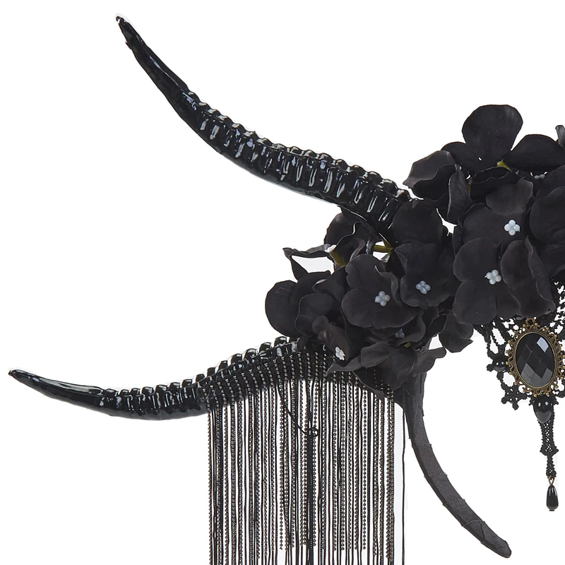 Повязка на голову из рога антилопы в готическом стиле в стиле ретро, Кисточки для косплея на Хэллоуин, цветы, праздничная лента для волос, костюм, аксессуары для волос Изображение 2