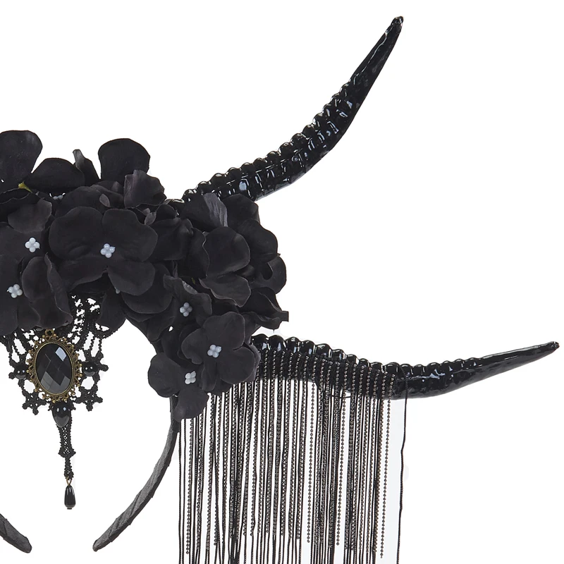 Повязка на голову из рога антилопы в готическом стиле в стиле ретро, Кисточки для косплея на Хэллоуин, цветы, праздничная лента для волос, костюм, аксессуары для волос Изображение 3