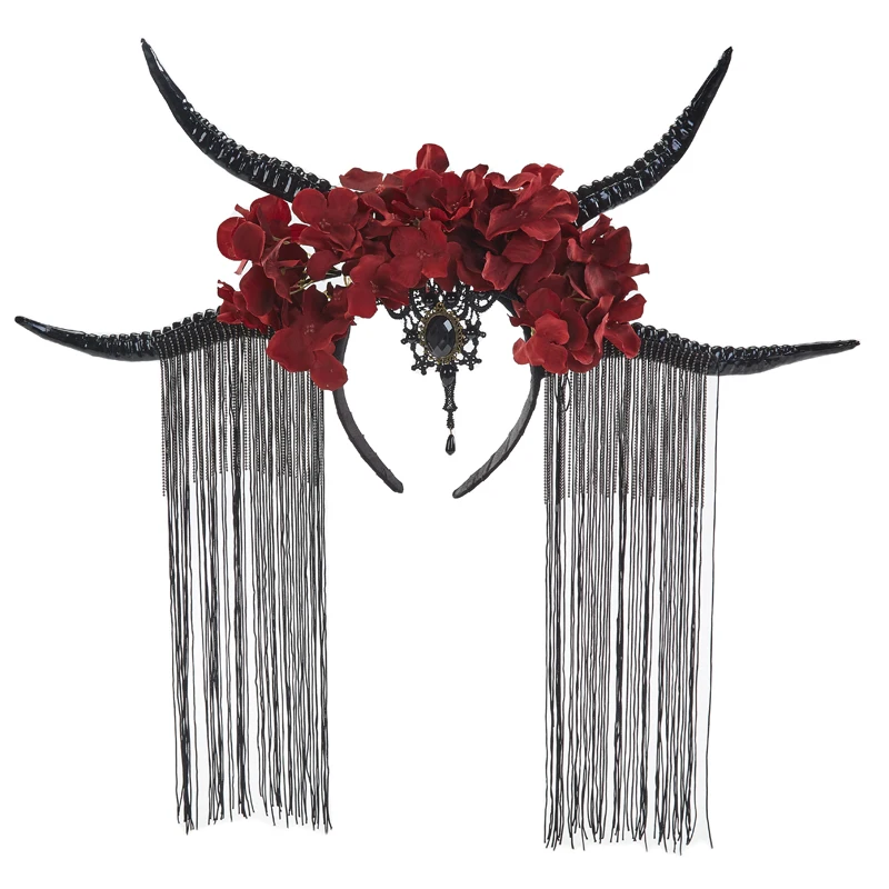 Повязка на голову из рога антилопы в готическом стиле в стиле ретро, Кисточки для косплея на Хэллоуин, цветы, праздничная лента для волос, костюм, аксессуары для волос Изображение 4