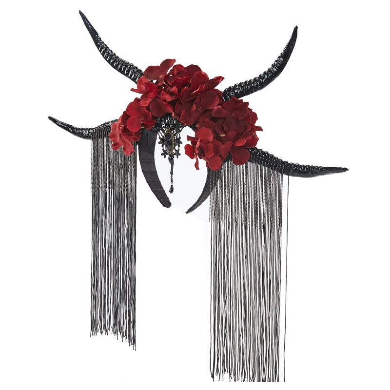 Повязка на голову из рога антилопы в готическом стиле в стиле ретро, Кисточки для косплея на Хэллоуин, цветы, праздничная лента для волос, костюм, аксессуары для волос Изображение 5