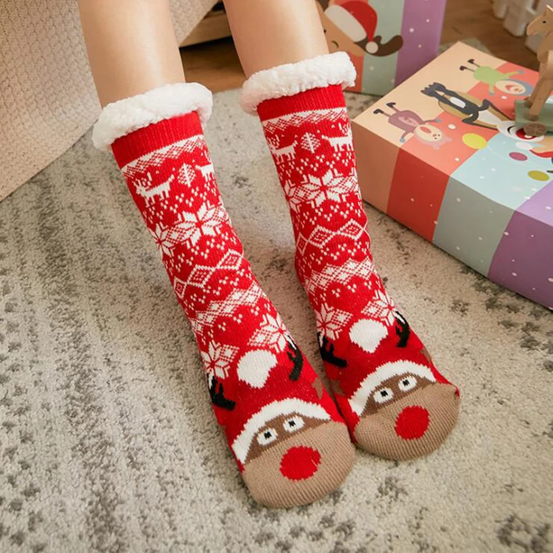 Рождественские носки для женщин, осень-зима, утепленные Домашние тапочки для сна, носки для ног, шерстяные противоскользящие носки Happy Socks, подарки Изображение 0