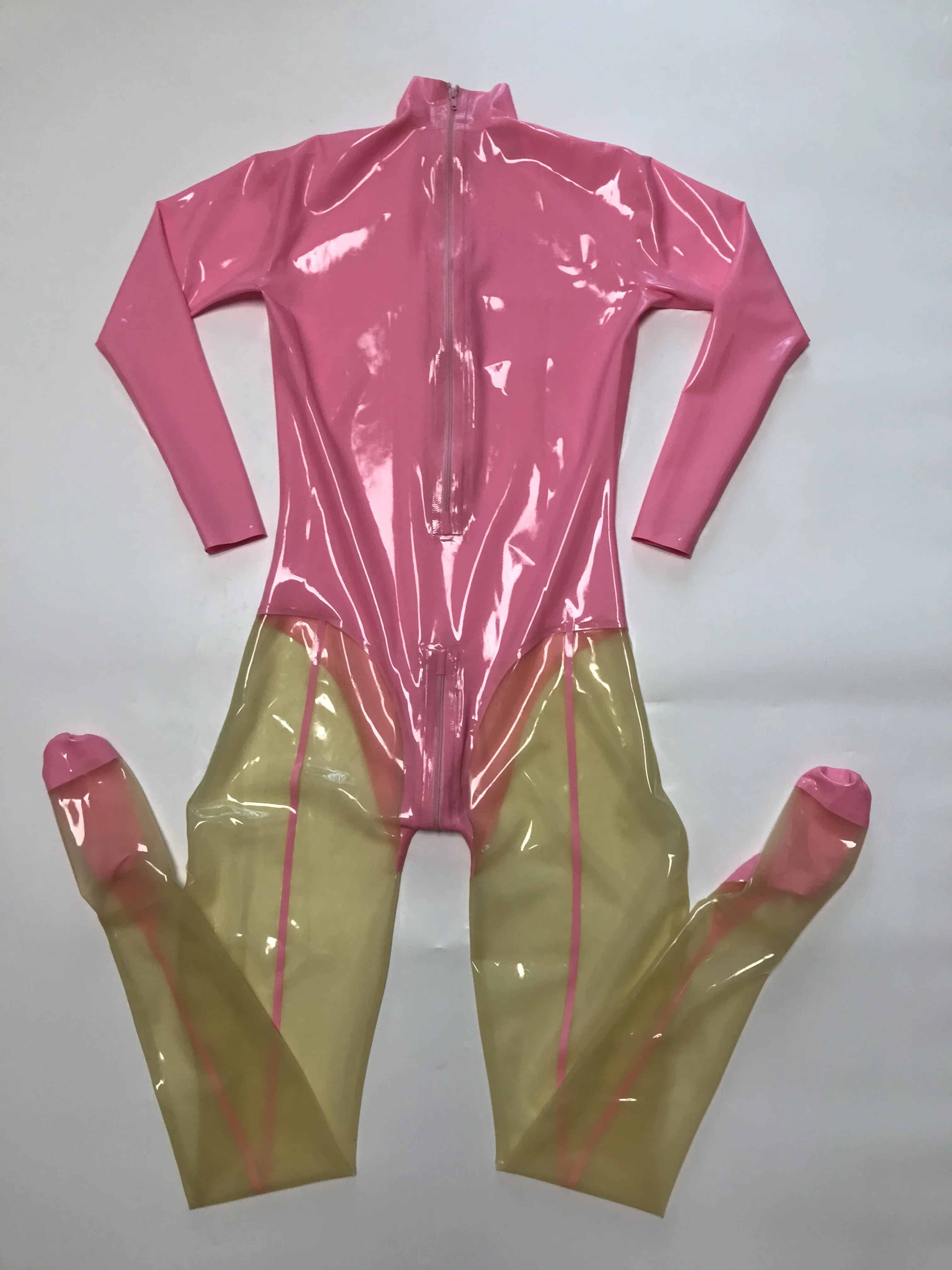 Розовый и прозрачный латексный облегающий комбинезон, резиновое боди, комбинезон с застежкой сзади на молнию в промежности Изображение 2