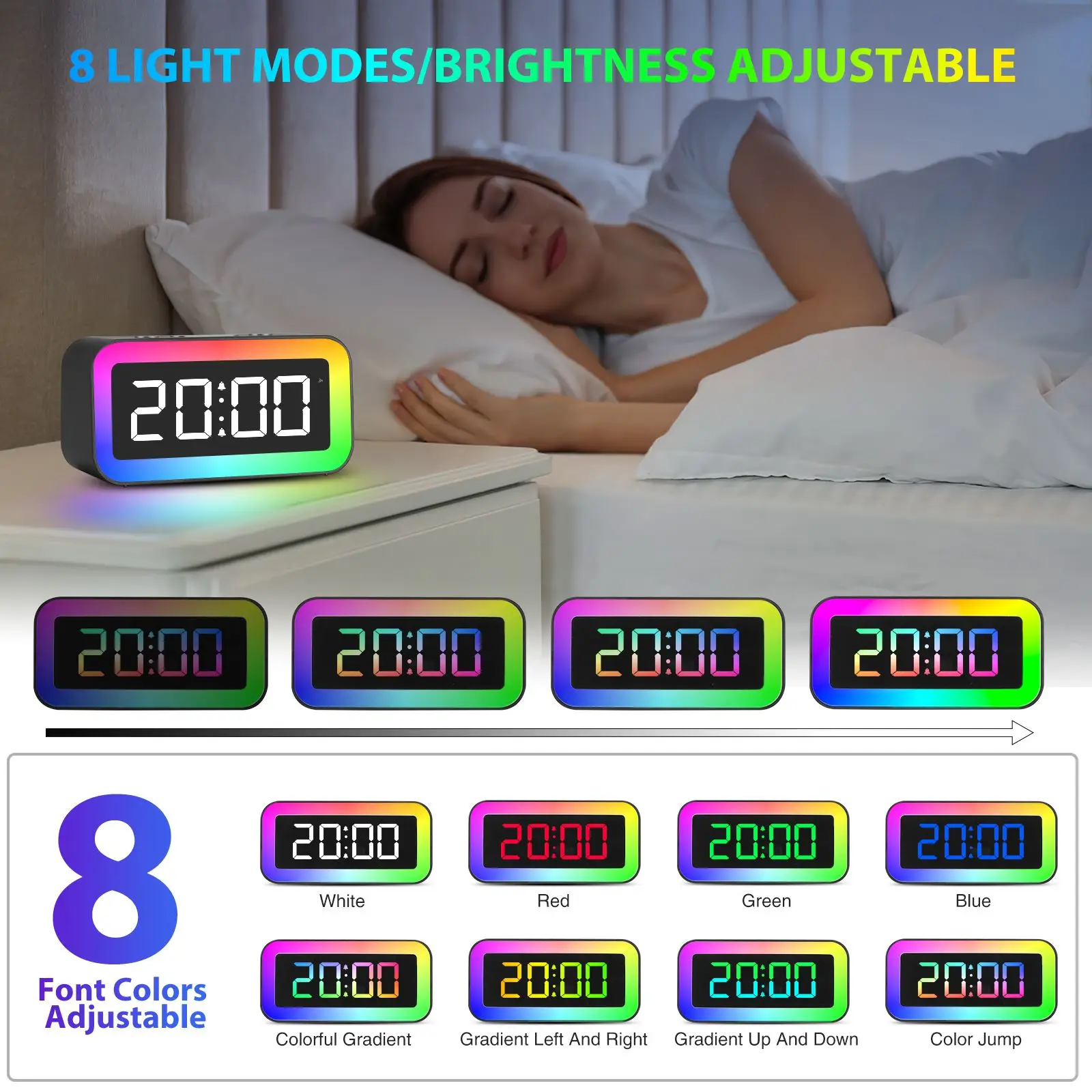 Светодиодные цифровые будильники с красочным ночником RGB и различными режимами отображения, перезаряжаемый звук с регулируемой яркостью для дома Изображение 0