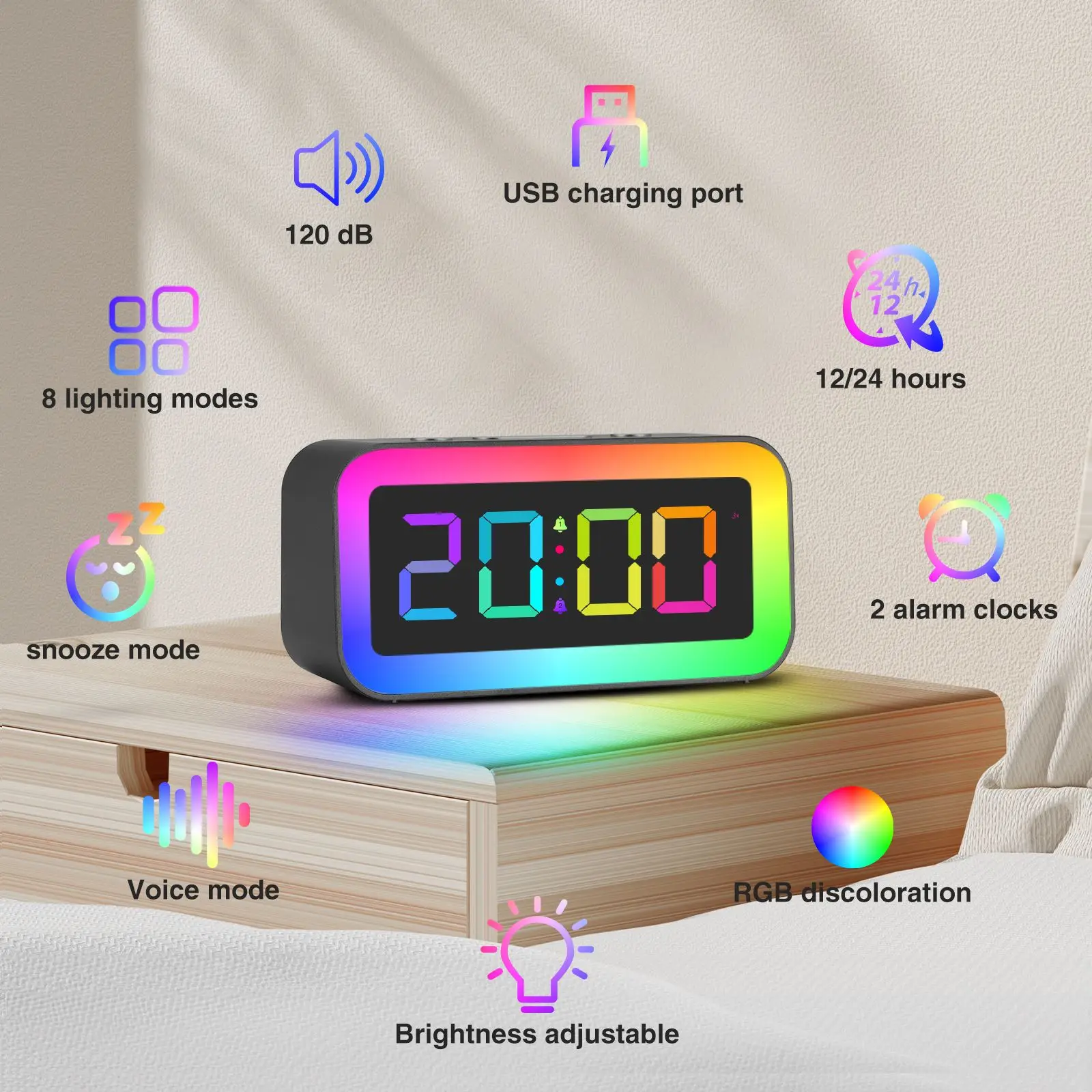 Светодиодные цифровые будильники с красочным ночником RGB и различными режимами отображения, перезаряжаемый звук с регулируемой яркостью для дома Изображение 2