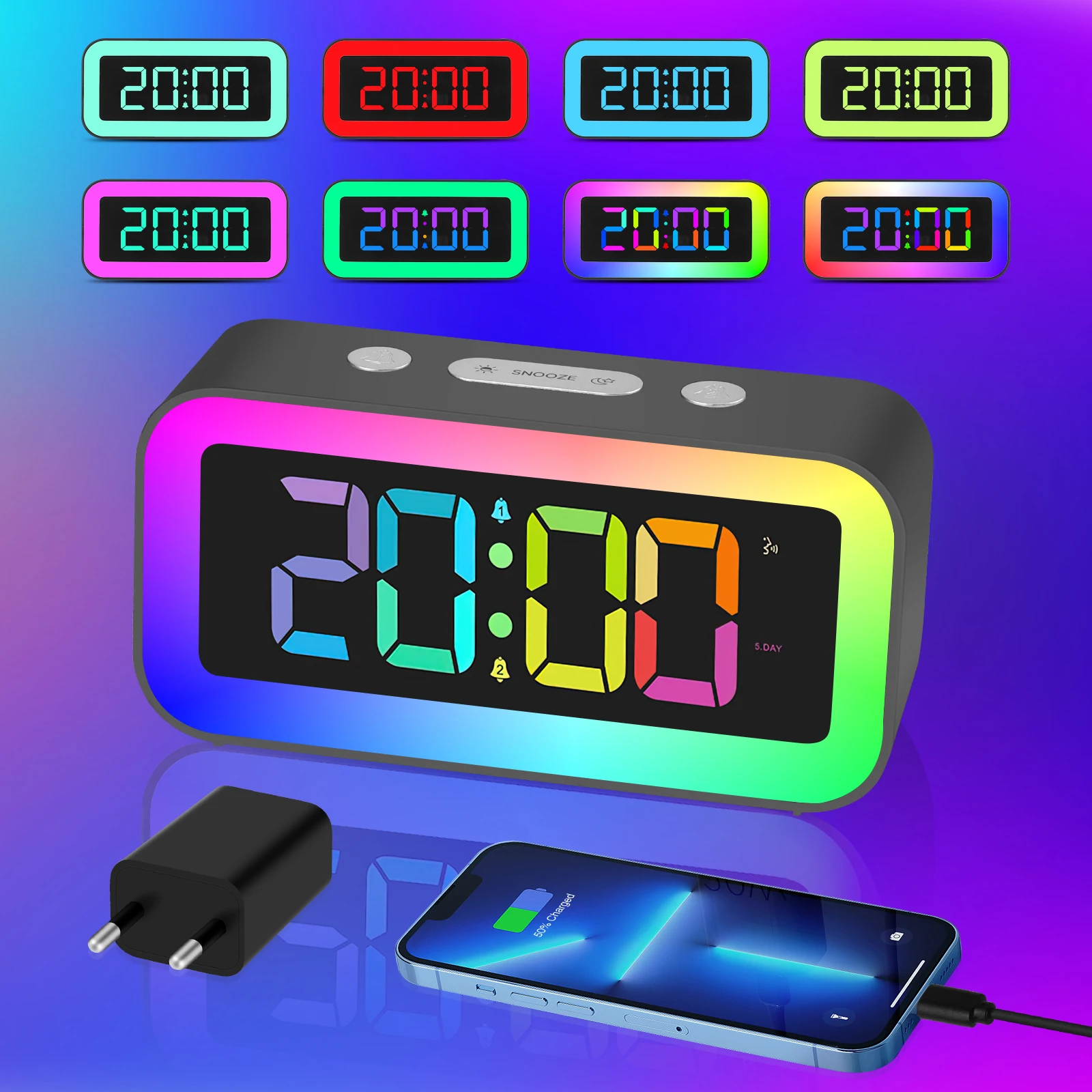 Светодиодные цифровые будильники с красочным ночником RGB и различными режимами отображения, перезаряжаемый звук с регулируемой яркостью для дома Изображение 3