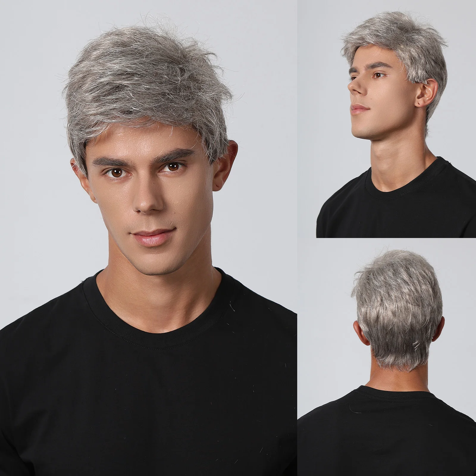 Серебристо-серые синтетические парики для мужчин, короткий Многослойный парик из натуральных волос с боковой челкой, для вечеринки в честь Хэллоуина, Термостойкие накладные волосы Изображение 0