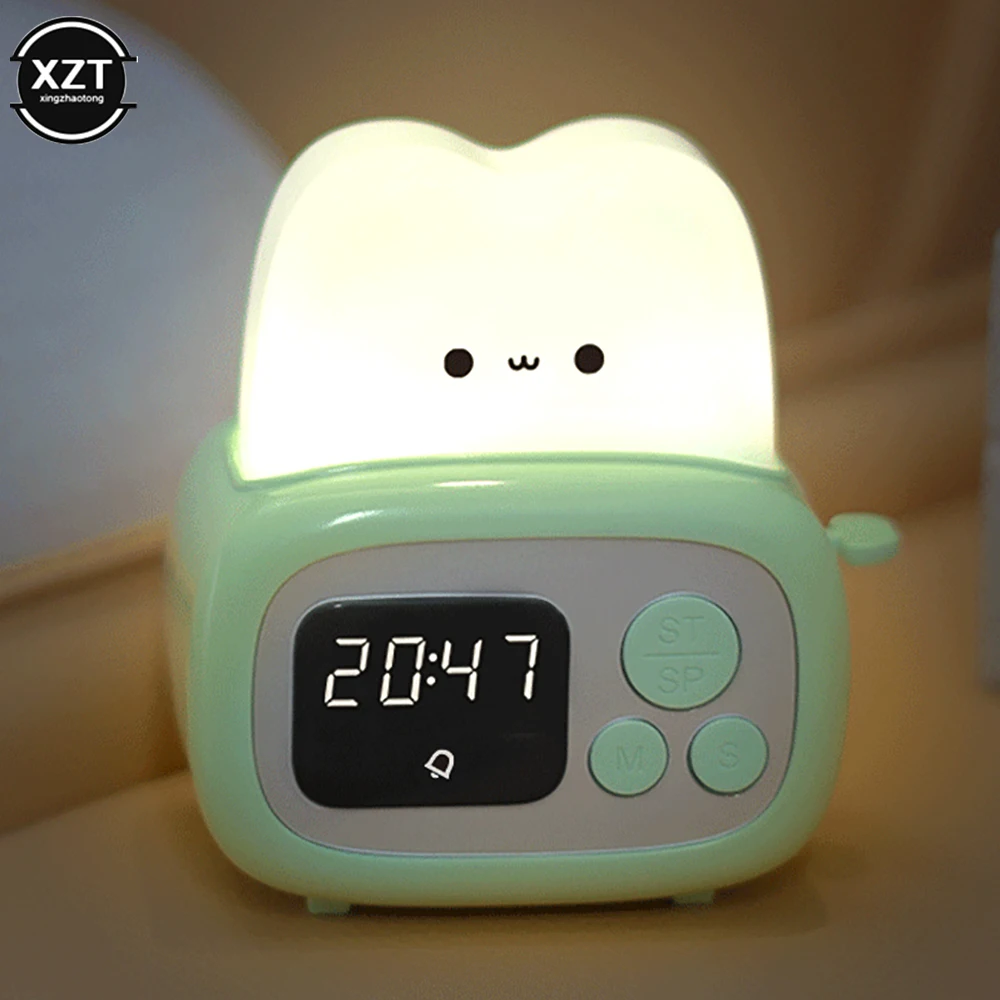 Симпатичная хлебопечка, будильник, Цифровой дисплей, ночник, USB-аккумуляторная Многофункциональная детская прикроватная лампа для спальни, будильник Изображение 4