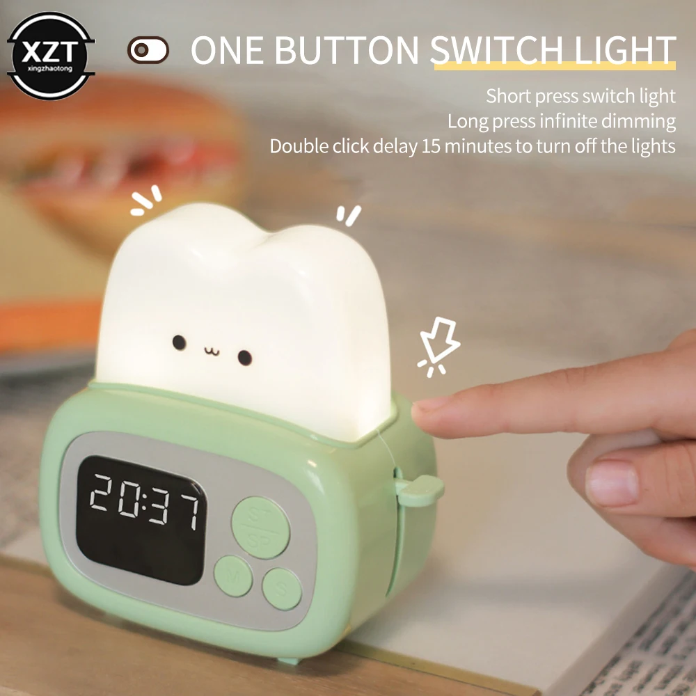 Симпатичная хлебопечка, будильник, Цифровой дисплей, ночник, USB-аккумуляторная Многофункциональная детская прикроватная лампа для спальни, будильник Изображение 5