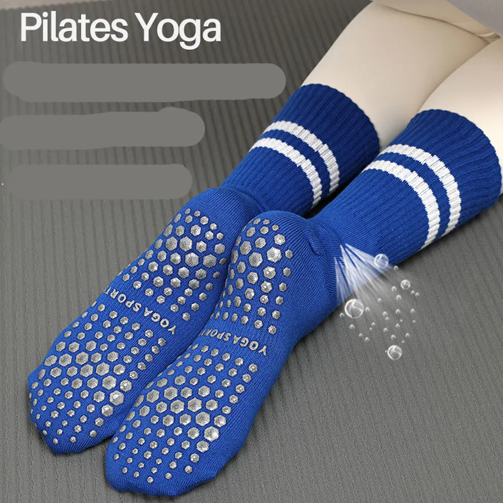 Синие носки для пилатеса, чулки из тонкой эпоксидной смолы ПВХ, нескользящие Профессиональные женские однотонные спортивные носки для йоги в две полосы, Изображение 0