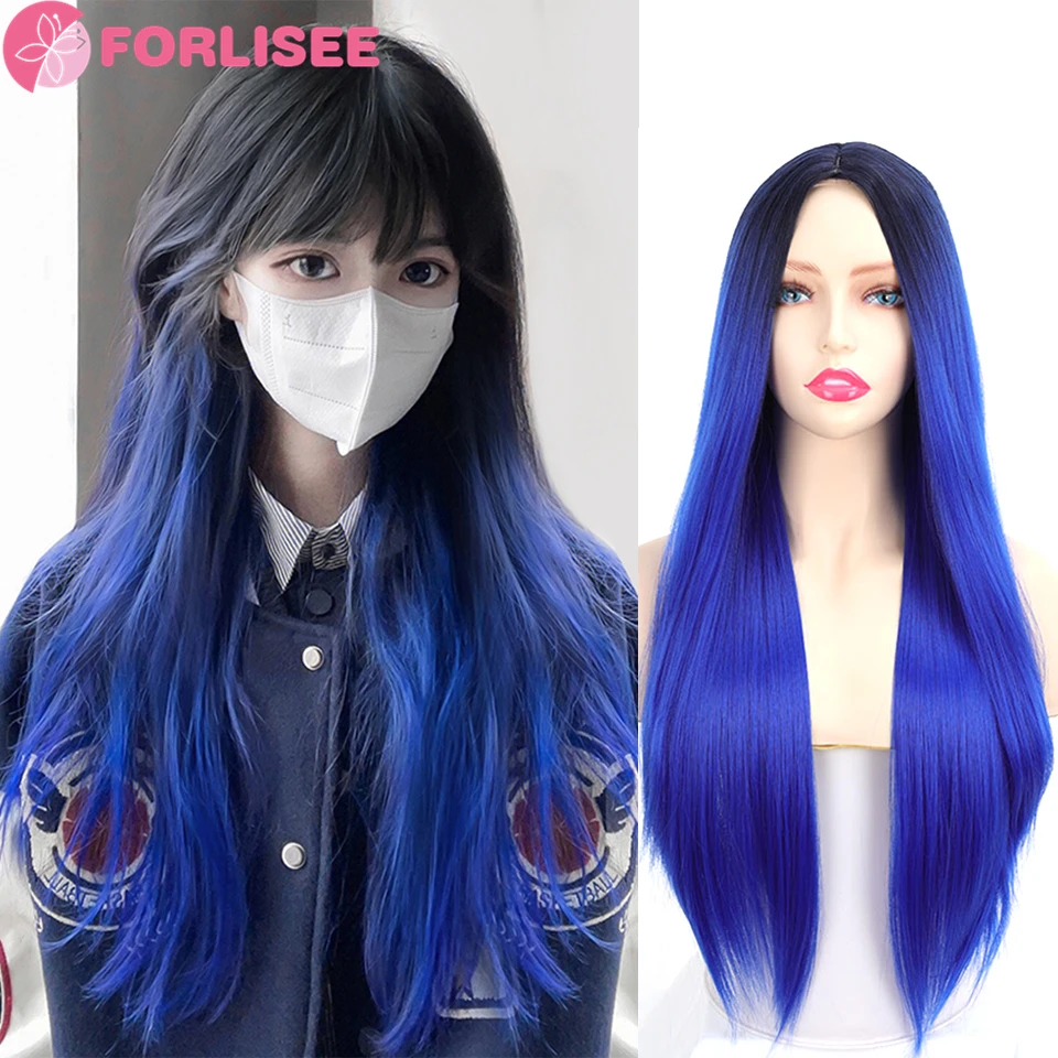Синтетический длинный прямой градиентный синий парик средней части из термостойкого волокна, двухцветный парик для косплея/повседневный парик для женщин FORLISEE Изображение 0