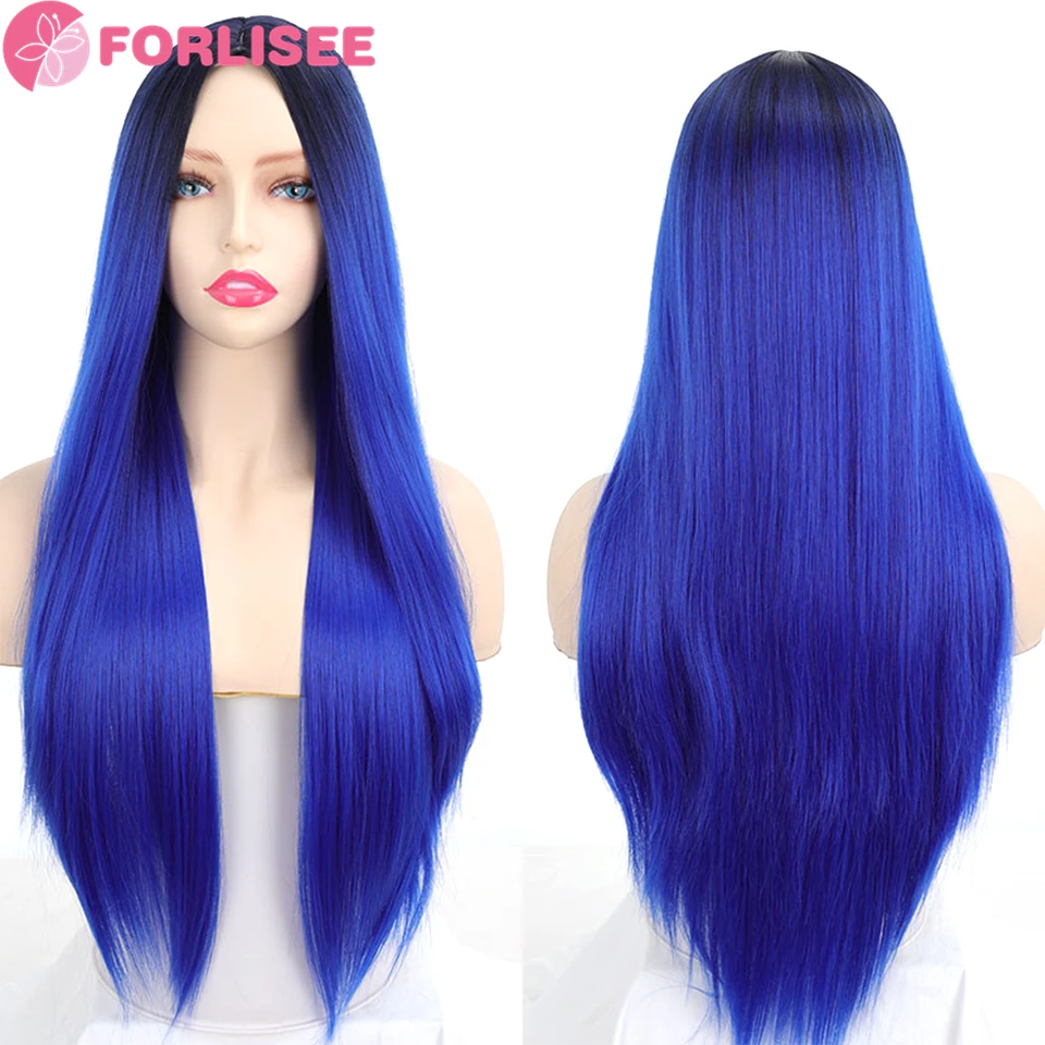 Синтетический длинный прямой градиентный синий парик средней части из термостойкого волокна, двухцветный парик для косплея/повседневный парик для женщин FORLISEE Изображение 2