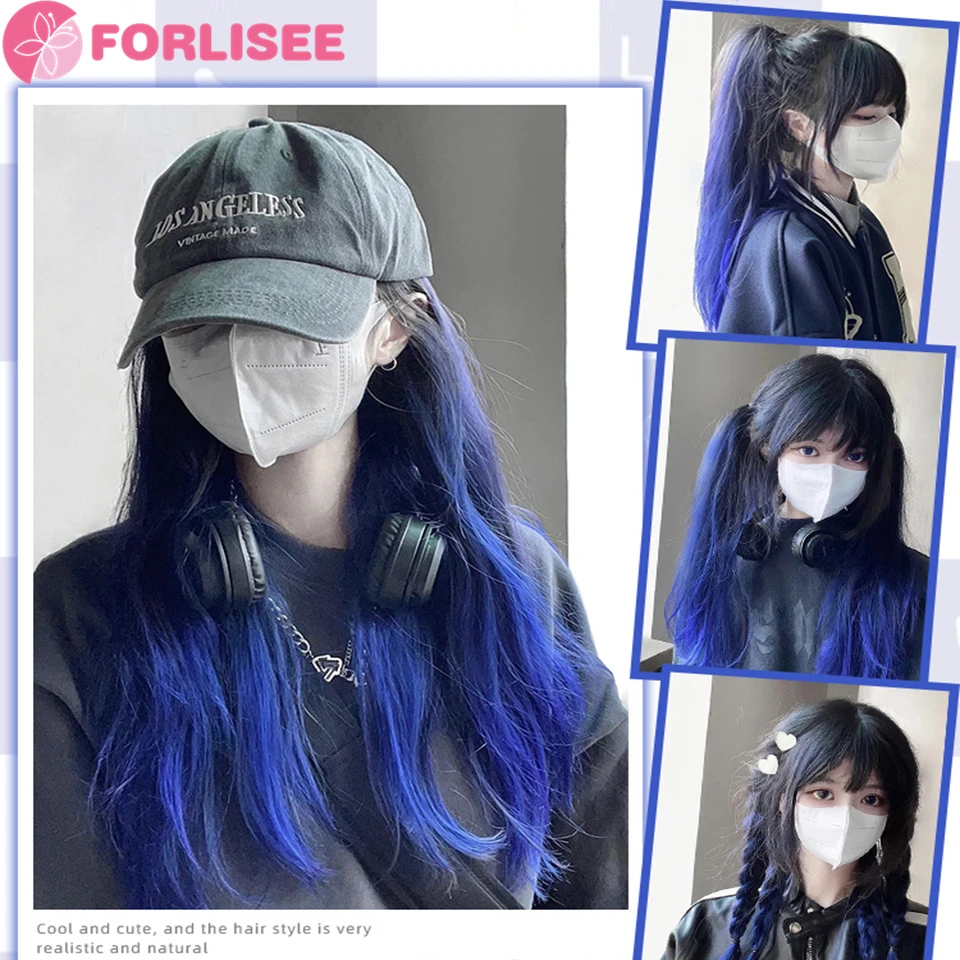 Синтетический длинный прямой градиентный синий парик средней части из термостойкого волокна, двухцветный парик для косплея/повседневный парик для женщин FORLISEE Изображение 5