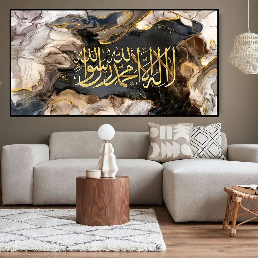 Современная исламская настенная живопись, каллиграфия, Аят Аль-Курси, Коран, синий мраморный холст, плакаты, принты для декора гостиной в Рамадан Изображение 2