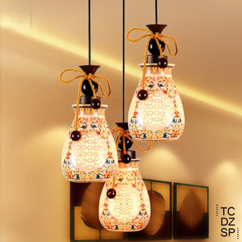 Современный Подвесной светильник в Новом Китайском стиле Керамическая Ресторанная Люстра Барная Лампа Двухуровневая Лестничная Люстра Изображение 0