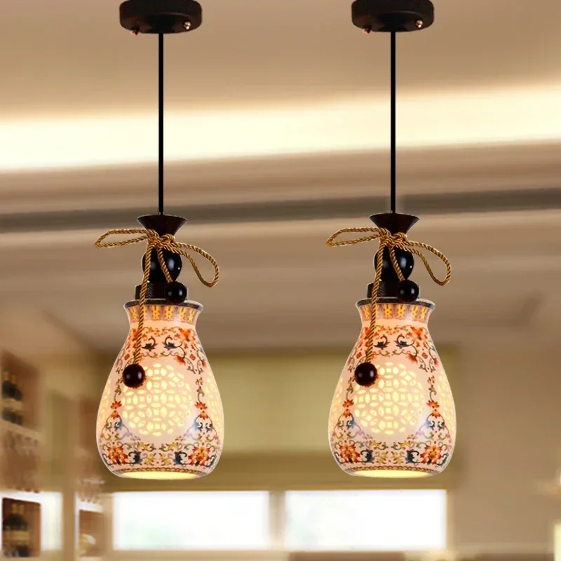 Современный Подвесной светильник в Новом Китайском стиле Керамическая Ресторанная Люстра Барная Лампа Двухуровневая Лестничная Люстра Изображение 2