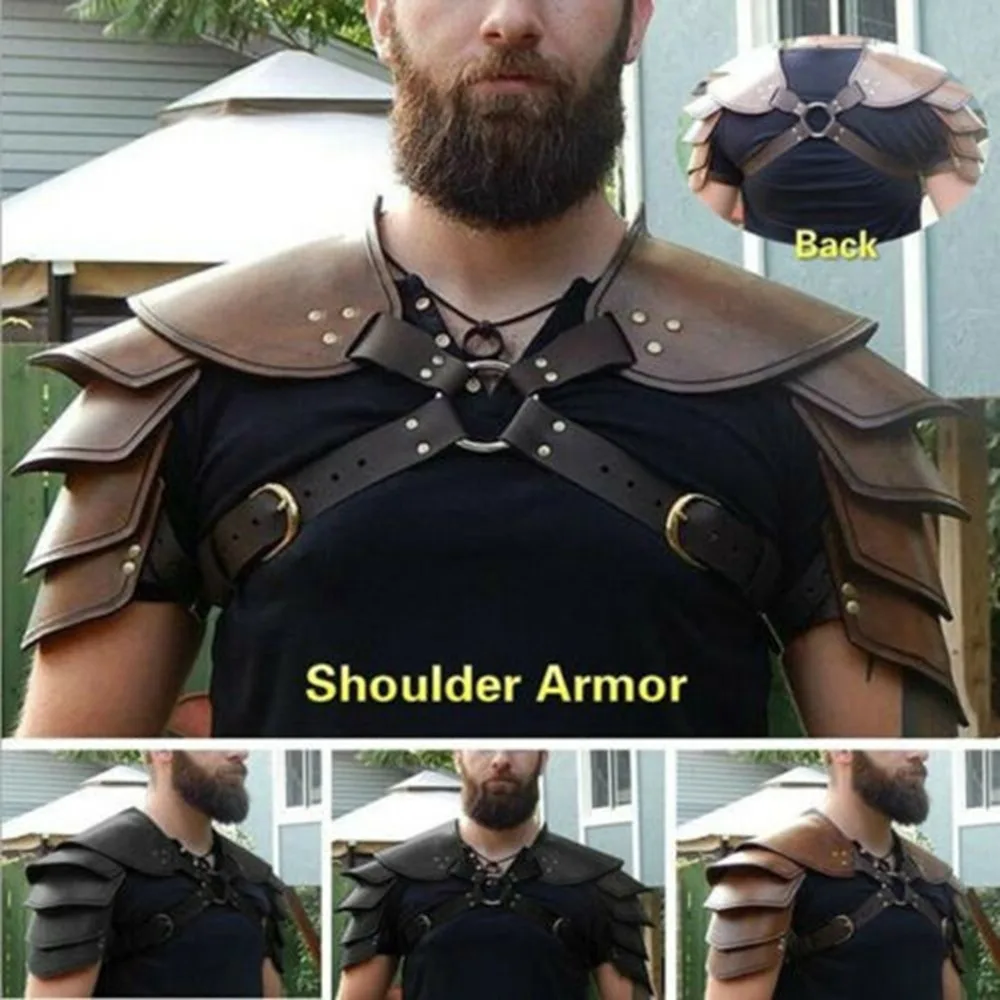 Средневековая наплечная броня с заклепками, кожаная одежда гладиатора с двойными плечами, регулируемая 5-слойная защита плеча Изображение 1