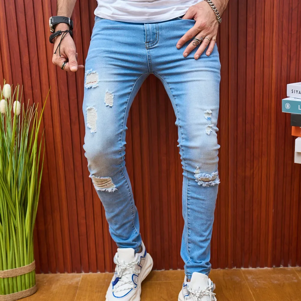 Стильная уличная одежда, мужские узкие джинсовые брюки с дырками, однотонные повседневные тонкие мужские джинсовые брюки Изображение 0