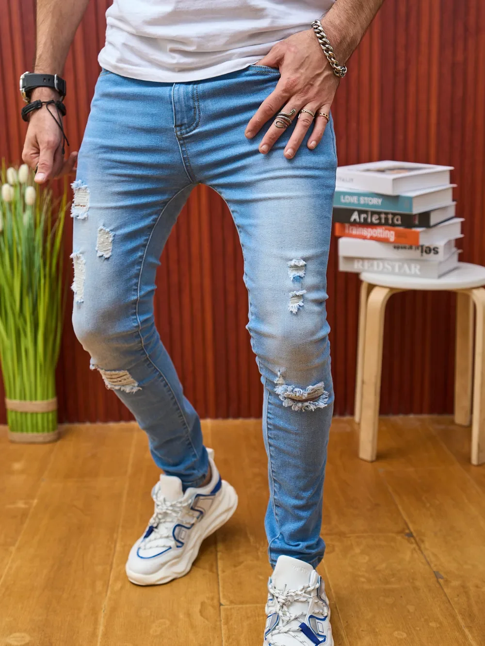 Стильная уличная одежда, мужские узкие джинсовые брюки с дырками, однотонные повседневные тонкие мужские джинсовые брюки Изображение 4