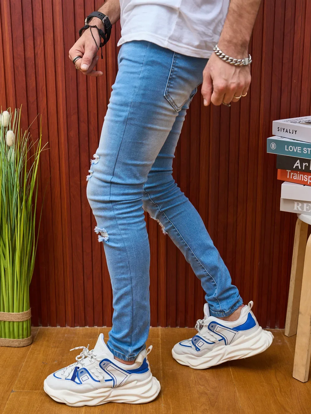 Стильная уличная одежда, мужские узкие джинсовые брюки с дырками, однотонные повседневные тонкие мужские джинсовые брюки Изображение 5