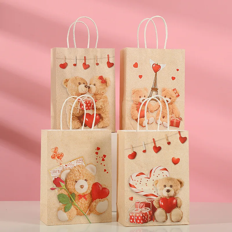 Сумка-тоут с милым медведем из Крафт-бумаги, подарочная сумка на День Святого Валентина, сумочки для конфет, принадлежности для вечеринок Изображение 0