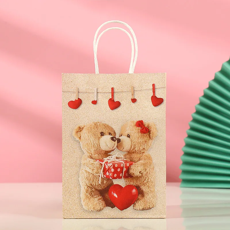 Сумка-тоут с милым медведем из Крафт-бумаги, подарочная сумка на День Святого Валентина, сумочки для конфет, принадлежности для вечеринок Изображение 2