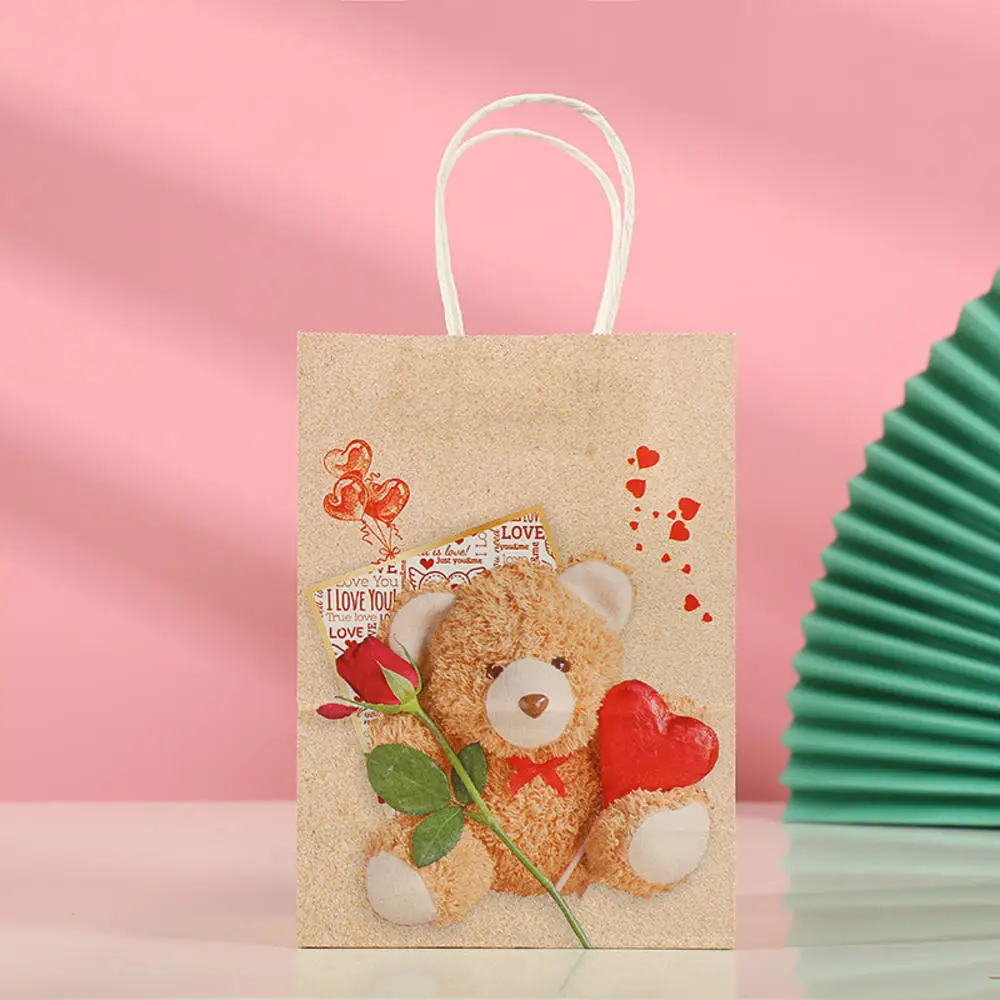 Сумка-тоут с милым медведем из Крафт-бумаги, подарочная сумка на День Святого Валентина, сумочки для конфет, принадлежности для вечеринок Изображение 3
