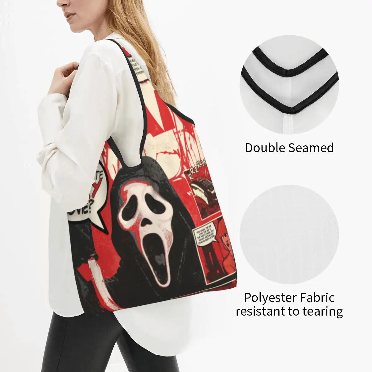 Сумки для покупок из бакалейных товаров Halloween Ghost Killer Scream, изготовленная на заказ сумка-тоут для покупателей, портативная сумка большой емкости. Изображение 1
