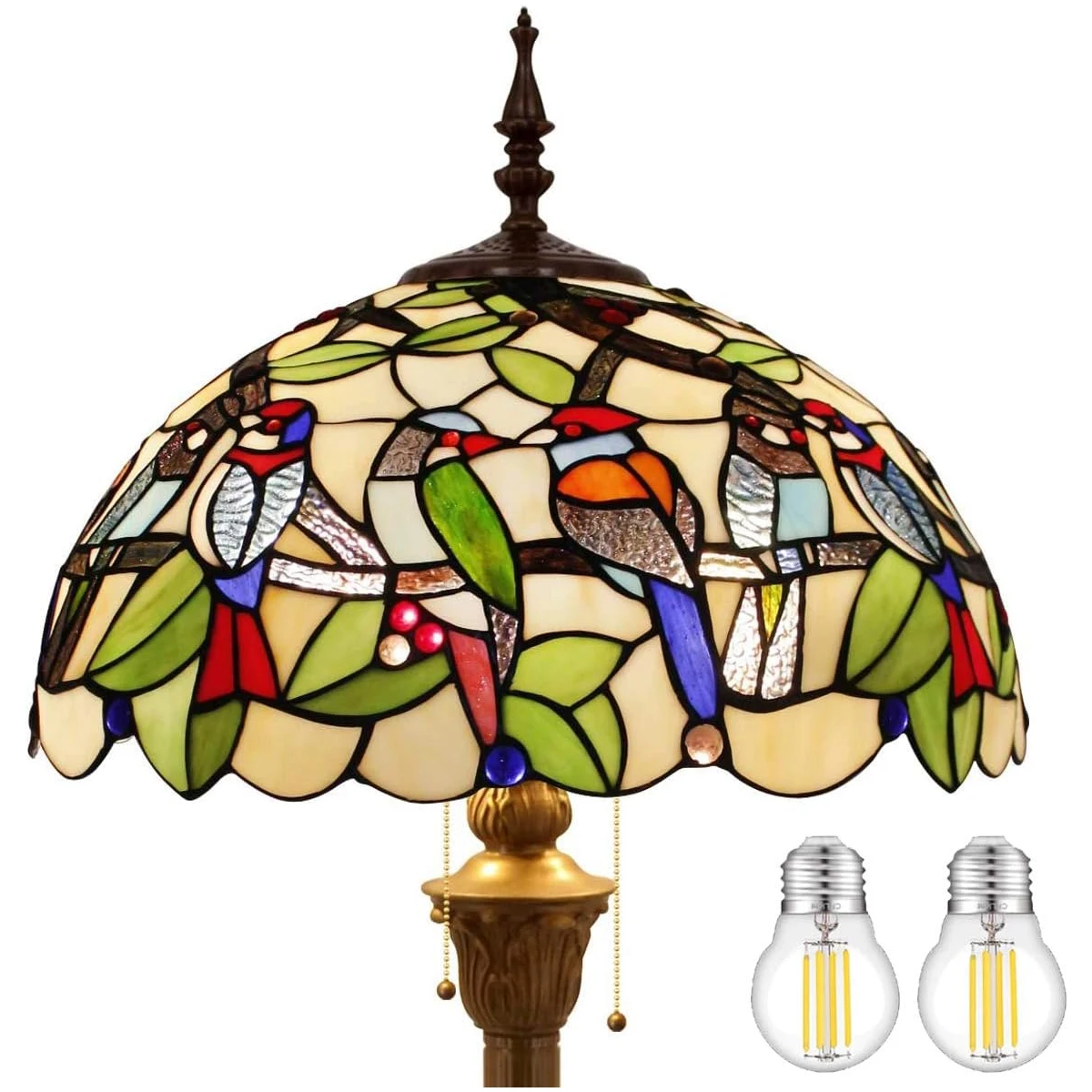 Торшер WERFACTORY Tiffany с двойными Птицами, Янтарный витраж, Настольная лампа для чтения 16X16X64 дюймов, Антикварный Угловой светильник на шесте Изображение 0