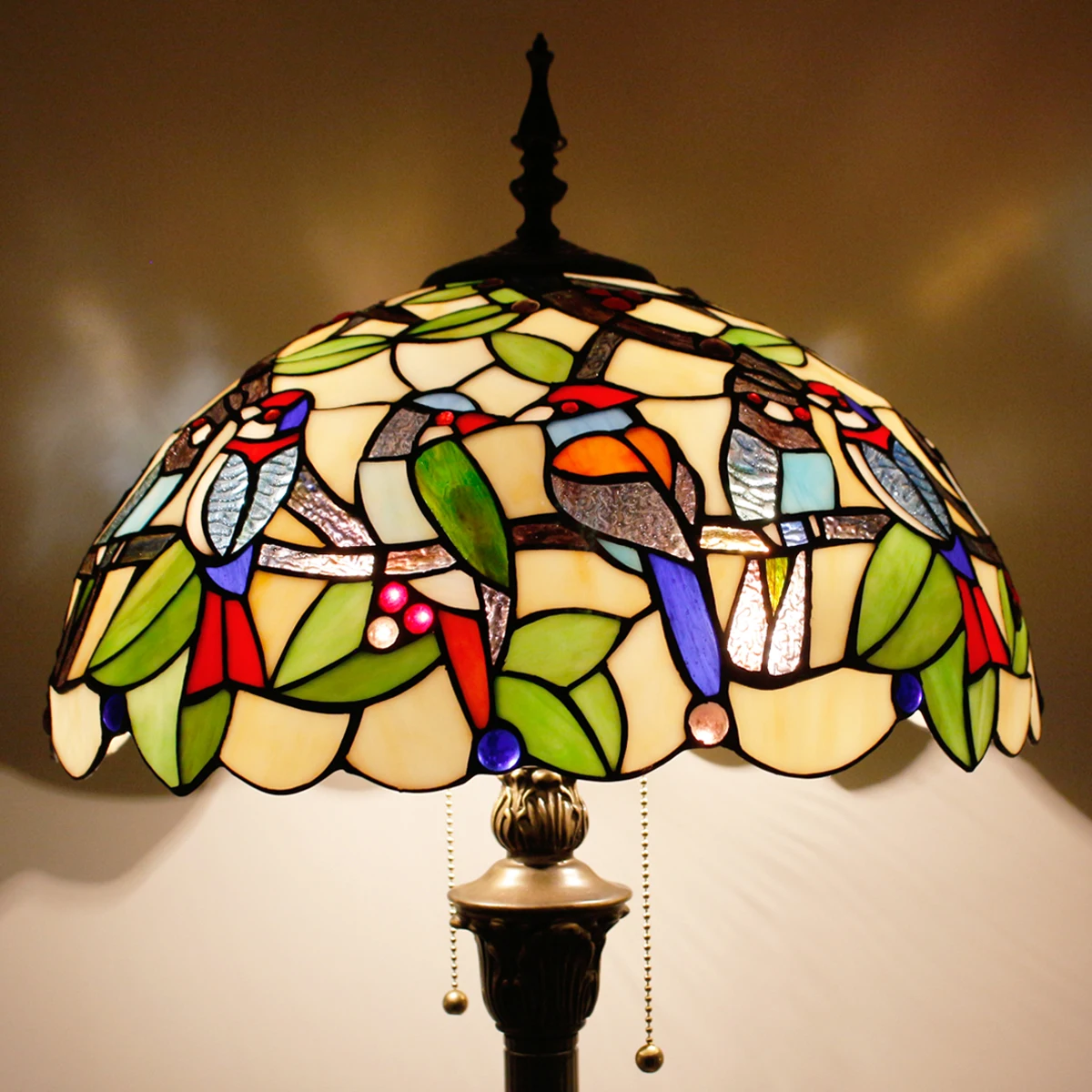 Торшер WERFACTORY Tiffany с двойными Птицами, Янтарный витраж, Настольная лампа для чтения 16X16X64 дюймов, Антикварный Угловой светильник на шесте Изображение 1
