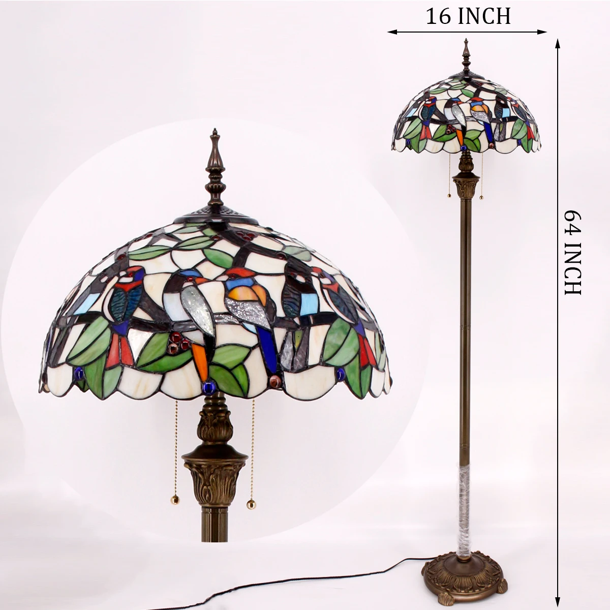 Торшер WERFACTORY Tiffany с двойными Птицами, Янтарный витраж, Настольная лампа для чтения 16X16X64 дюймов, Антикварный Угловой светильник на шесте Изображение 4