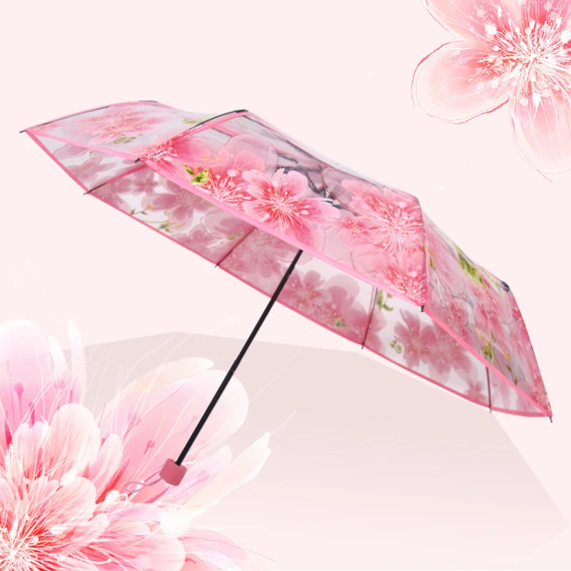 Утолщенный Прозрачный Трехстворчатый зонт от дождя Cherry Blossom Пластиковый ПВХ Прозрачный Falbala Водонепроницаемые зонты Женские parapluie Изображение 0