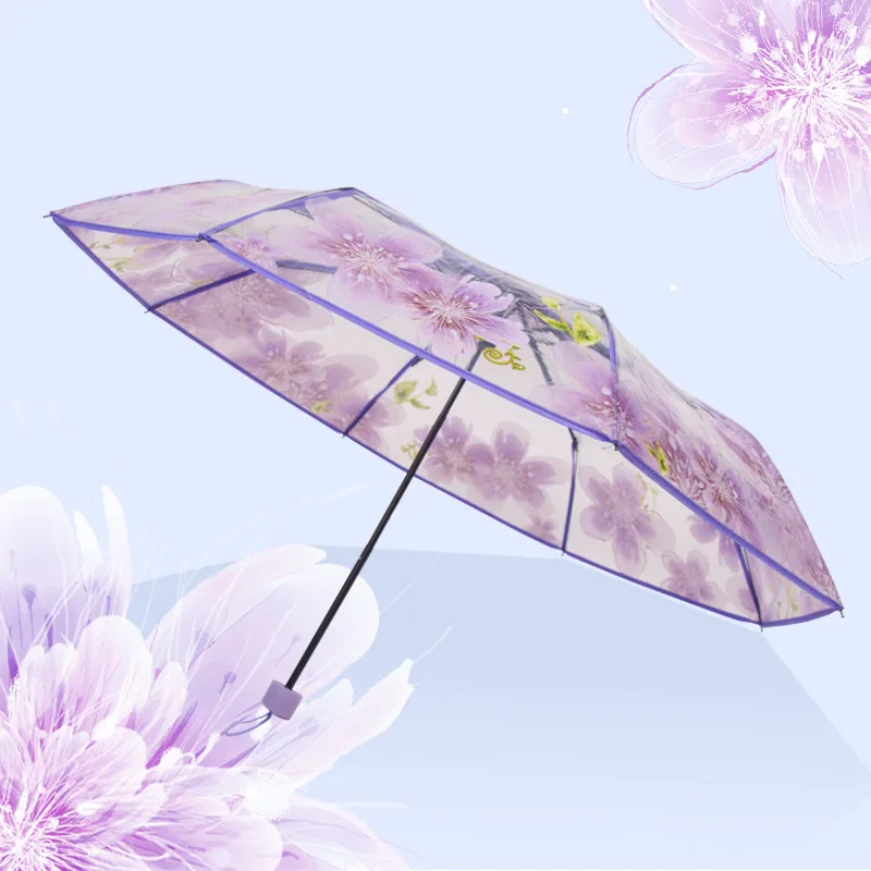 Утолщенный Прозрачный Трехстворчатый зонт от дождя Cherry Blossom Пластиковый ПВХ Прозрачный Falbala Водонепроницаемые зонты Женские parapluie Изображение 1