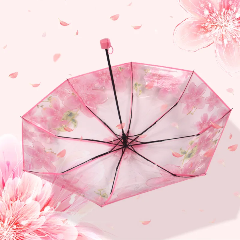 Утолщенный Прозрачный Трехстворчатый зонт от дождя Cherry Blossom Пластиковый ПВХ Прозрачный Falbala Водонепроницаемые зонты Женские parapluie Изображение 2