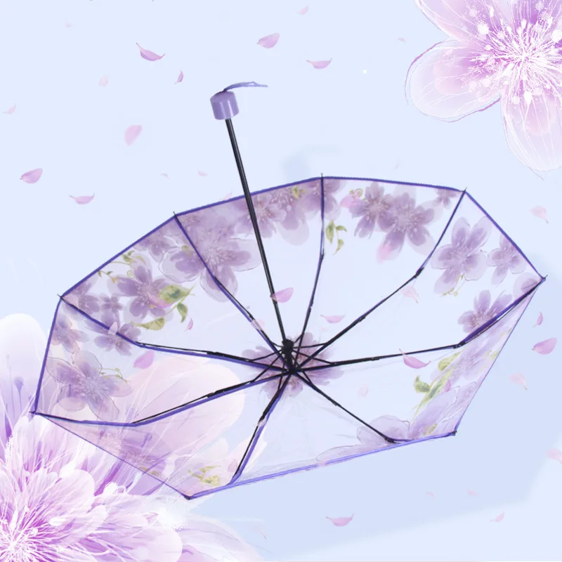 Утолщенный Прозрачный Трехстворчатый зонт от дождя Cherry Blossom Пластиковый ПВХ Прозрачный Falbala Водонепроницаемые зонты Женские parapluie Изображение 3