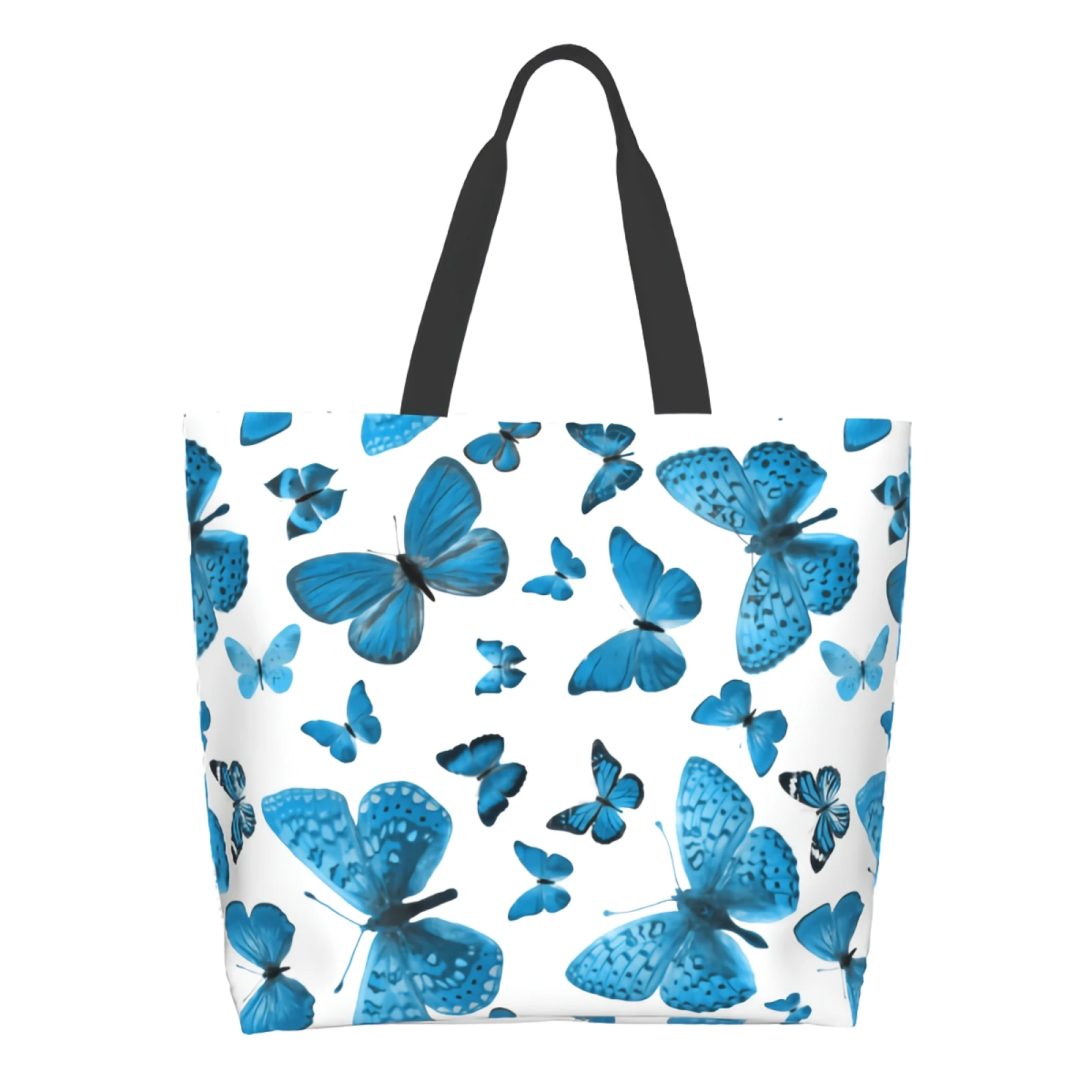 Хозяйственная сумка Blue Butterflies многоразового использования, сине-белая сумка-тоут, красивая художественная сумка через плечо, повседневная, легкая, большой емкости Изображение 0