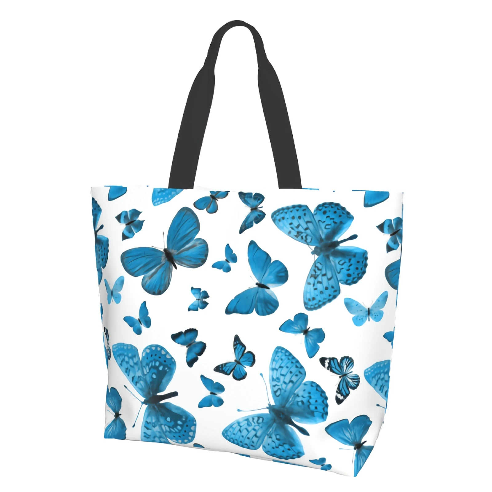 Хозяйственная сумка Blue Butterflies многоразового использования, сине-белая сумка-тоут, красивая художественная сумка через плечо, повседневная, легкая, большой емкости Изображение 1