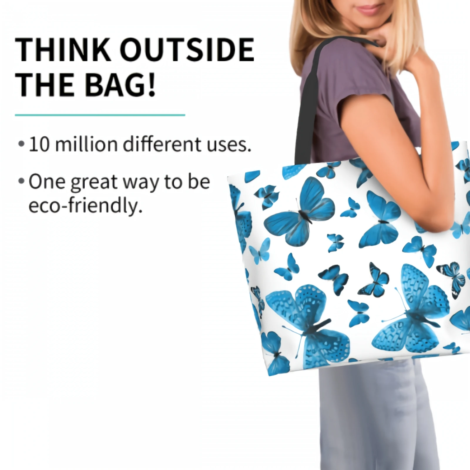 Хозяйственная сумка Blue Butterflies многоразового использования, сине-белая сумка-тоут, красивая художественная сумка через плечо, повседневная, легкая, большой емкости Изображение 2